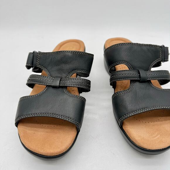 Clarks Tuleah Jane Black Leather Heeled Slide Sandals Women’s 10 Comfort Casual - Picture 5 of 8